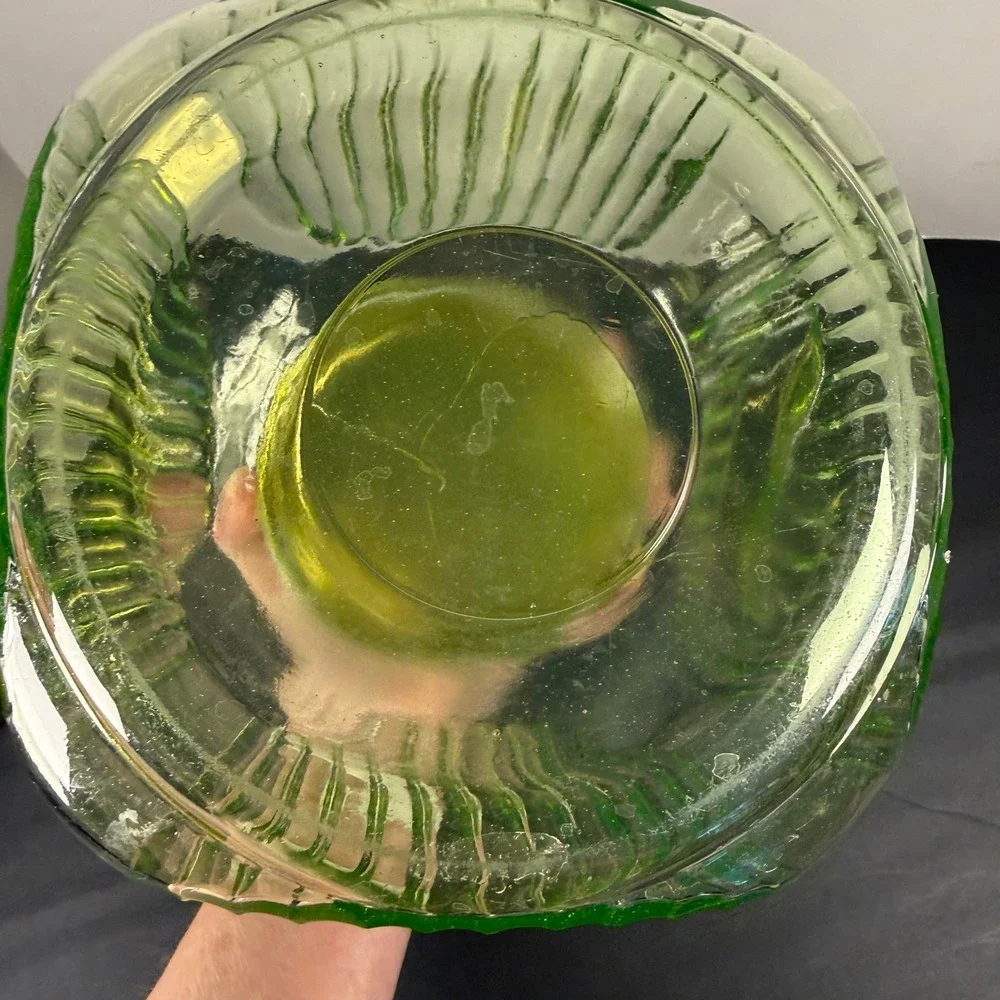 1930s Vtg Anchor Hocking Ribbed Uranium Glass Jar Depression Green Ivory Lid